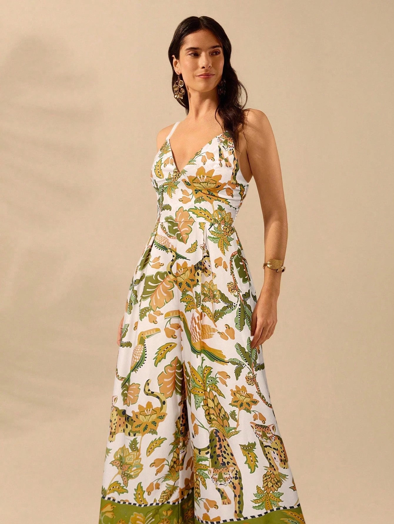 CAJUNI Macacão Preto Longo Estampado com Estampa Boêmia de Leopardo, Abacaxi, Flora e Fauna Tropical, Sem Manga, Casual de Praia de Férias de Verão