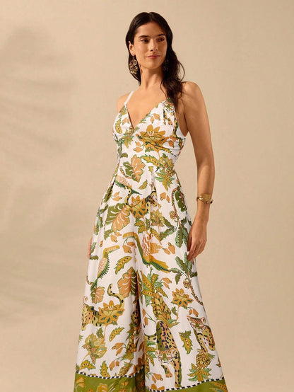 CAJUNI Macacão Preto Longo Estampado com Estampa Boêmia de Leopardo, Abacaxi, Flora e Fauna Tropical, Sem Manga, Casual de Praia de Férias de Verão