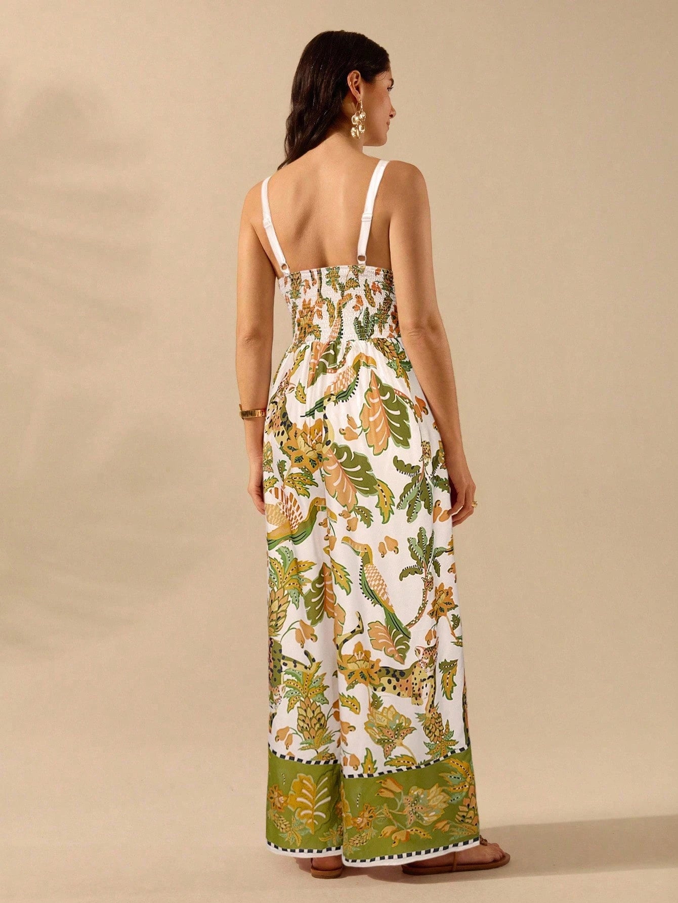 CAJUNI Macacão Preto Longo Estampado com Estampa Boêmia de Leopardo, Abacaxi, Flora e Fauna Tropical, Sem Manga, Casual de Praia de Férias de Verão