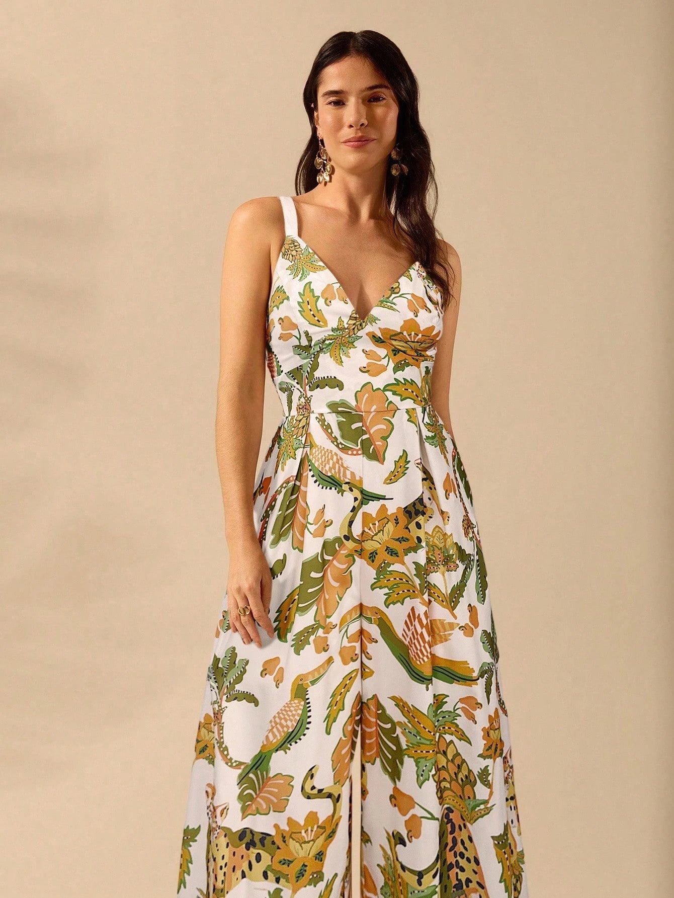 CAJUNI Macacão Preto Longo Estampado com Estampa Boêmia de Leopardo, Abacaxi, Flora e Fauna Tropical, Sem Manga, Casual de Praia de Férias de Verão