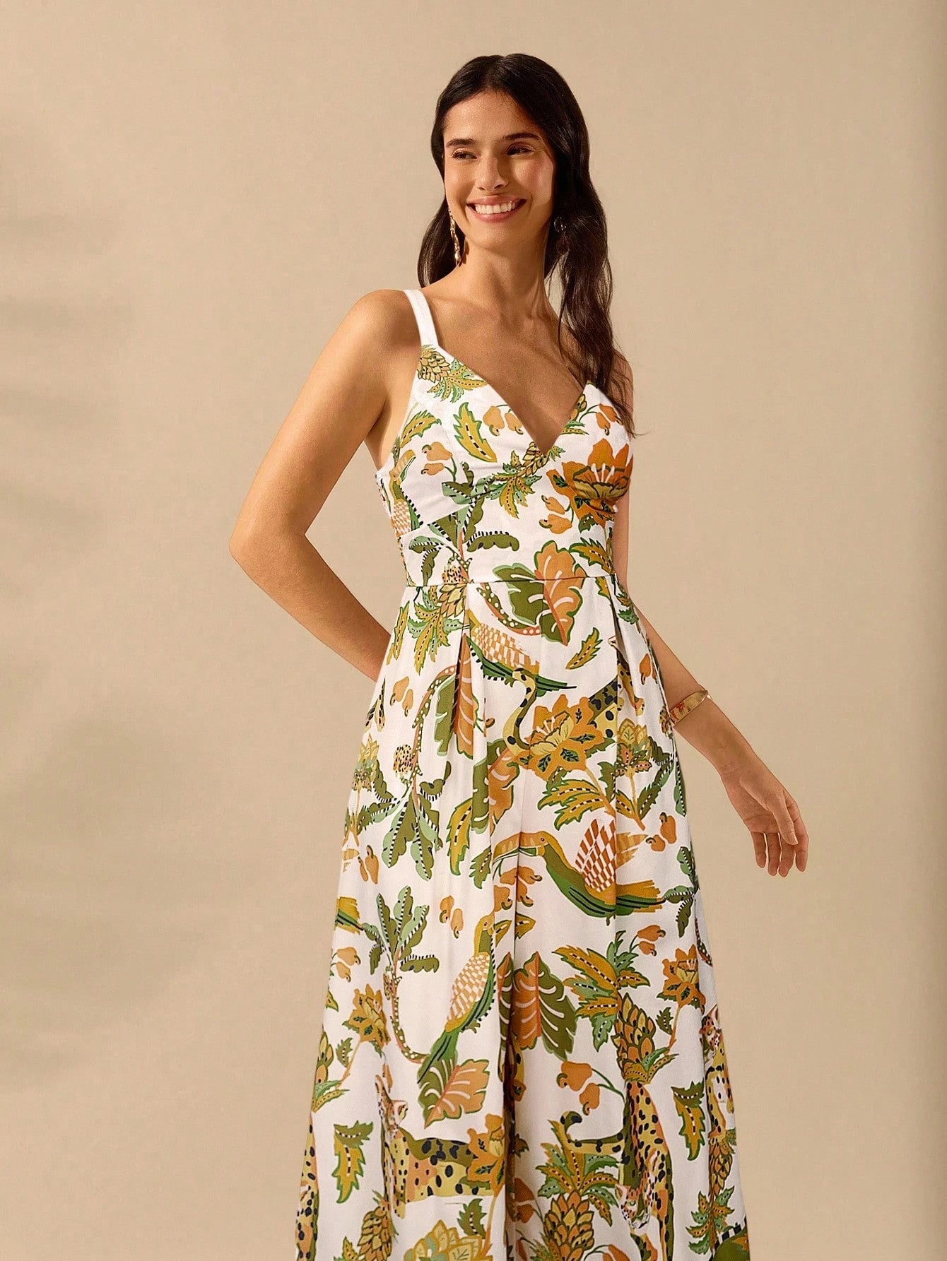 CAJUNI Macacão Preto Longo Estampado com Estampa Boêmia de Leopardo, Abacaxi, Flora e Fauna Tropical, Sem Manga, Casual de Praia de Férias de Verão