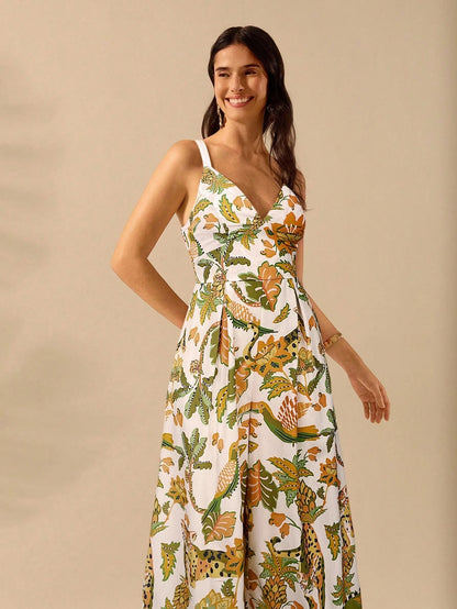 CAJUNI Macacão Preto Longo Estampado com Estampa Boêmia de Leopardo, Abacaxi, Flora e Fauna Tropical, Sem Manga, Casual de Praia de Férias de Verão