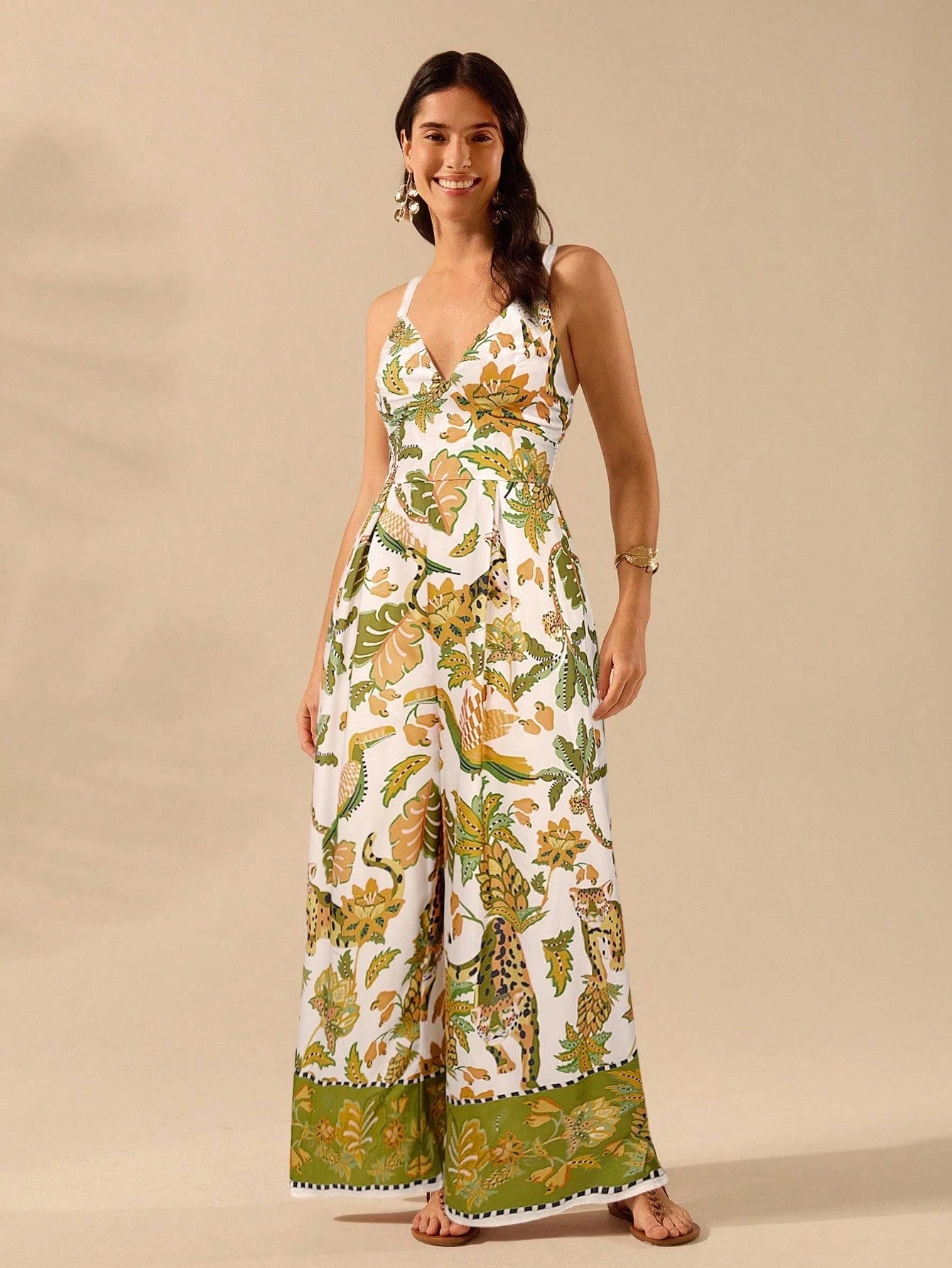 CAJUNI Macacão Preto Longo Estampado com Estampa Boêmia de Leopardo, Abacaxi, Flora e Fauna Tropical, Sem Manga, Casual de Praia de Férias de Verão