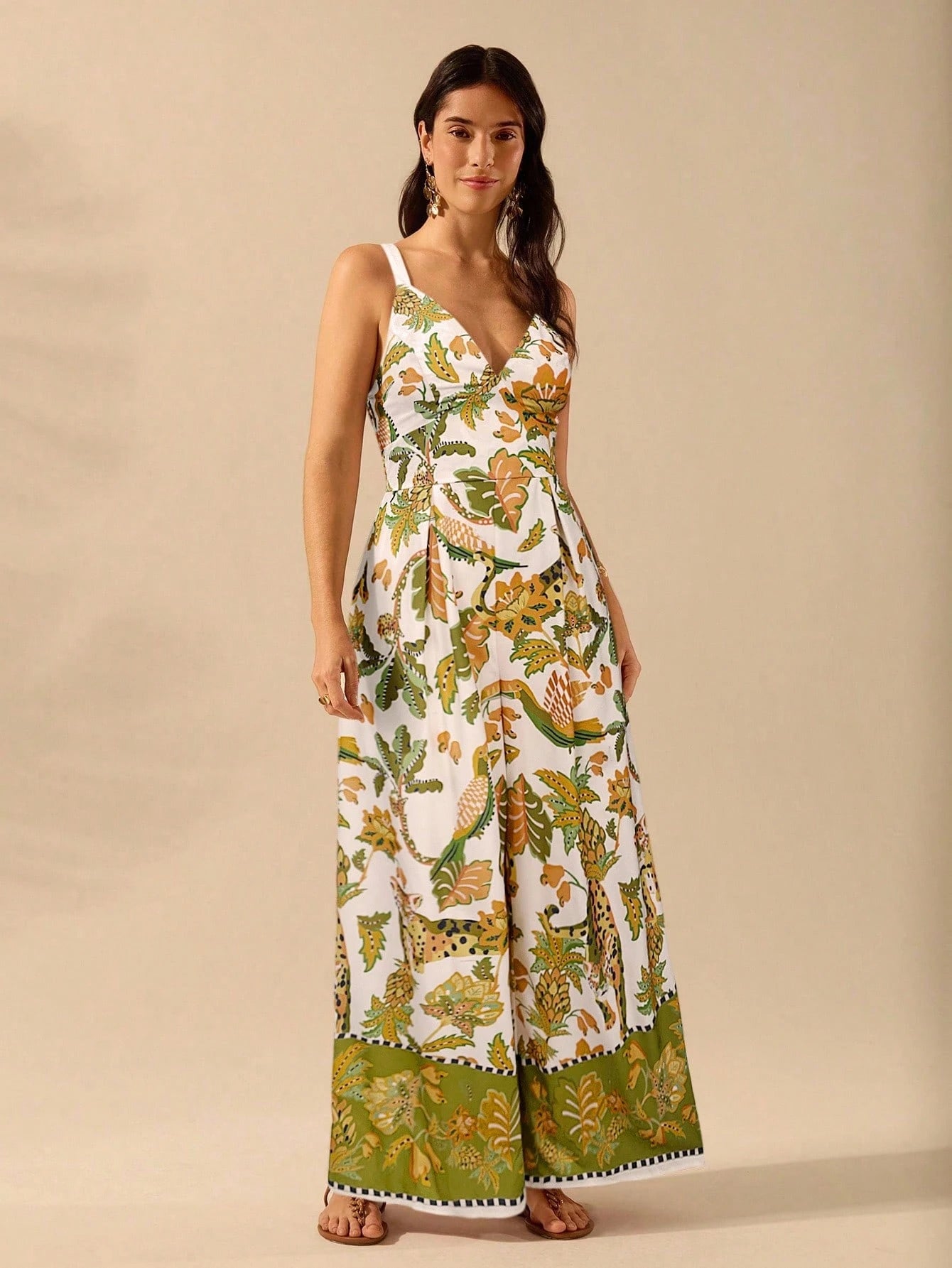 CAJUNI Macacão Preto Longo Estampado com Estampa Boêmia de Leopardo, Abacaxi, Flora e Fauna Tropical, Sem Manga, Casual de Praia de Férias de Verão