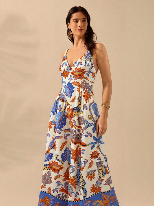 CAJUNI Macacão Preto Longo Estampado com Estampa Boêmia de Leopardo, Abacaxi, Flora e Fauna Tropical, Sem Manga, Casual de Praia de Férias de Verão