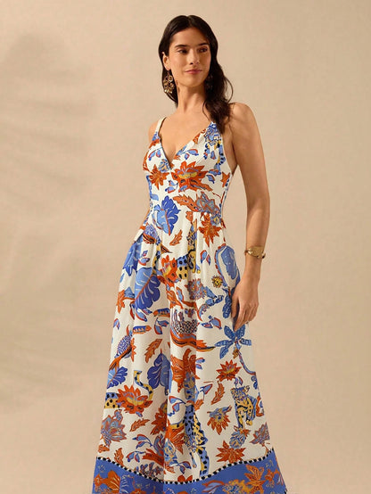 CAJUNI Macacão Preto Longo Estampado com Estampa Boêmia de Leopardo, Abacaxi, Flora e Fauna Tropical, Sem Manga, Casual de Praia de Férias de Verão