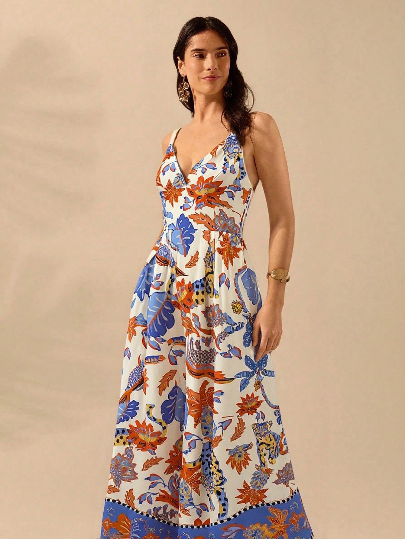 CAJUNI Macacão Preto Longo Estampado com Estampa Boêmia de Leopardo, Abacaxi, Flora e Fauna Tropical, Sem Manga, Casual de Praia de Férias de Verão