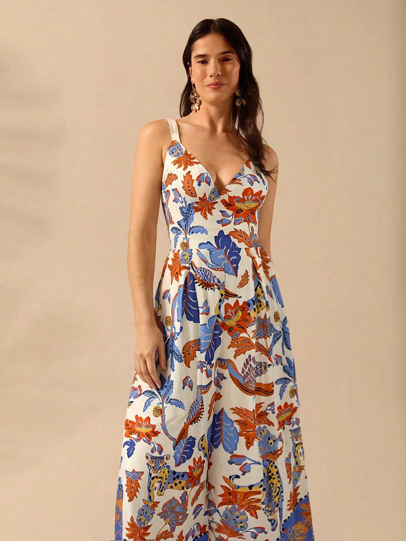 CAJUNI Macacão Preto Longo Estampado com Estampa Boêmia de Leopardo, Abacaxi, Flora e Fauna Tropical, Sem Manga, Casual de Praia de Férias de Verão