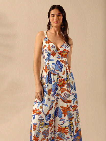 CAJUNI Macacão Preto Longo Estampado com Estampa Boêmia de Leopardo, Abacaxi, Flora e Fauna Tropical, Sem Manga, Casual de Praia de Férias de Verão