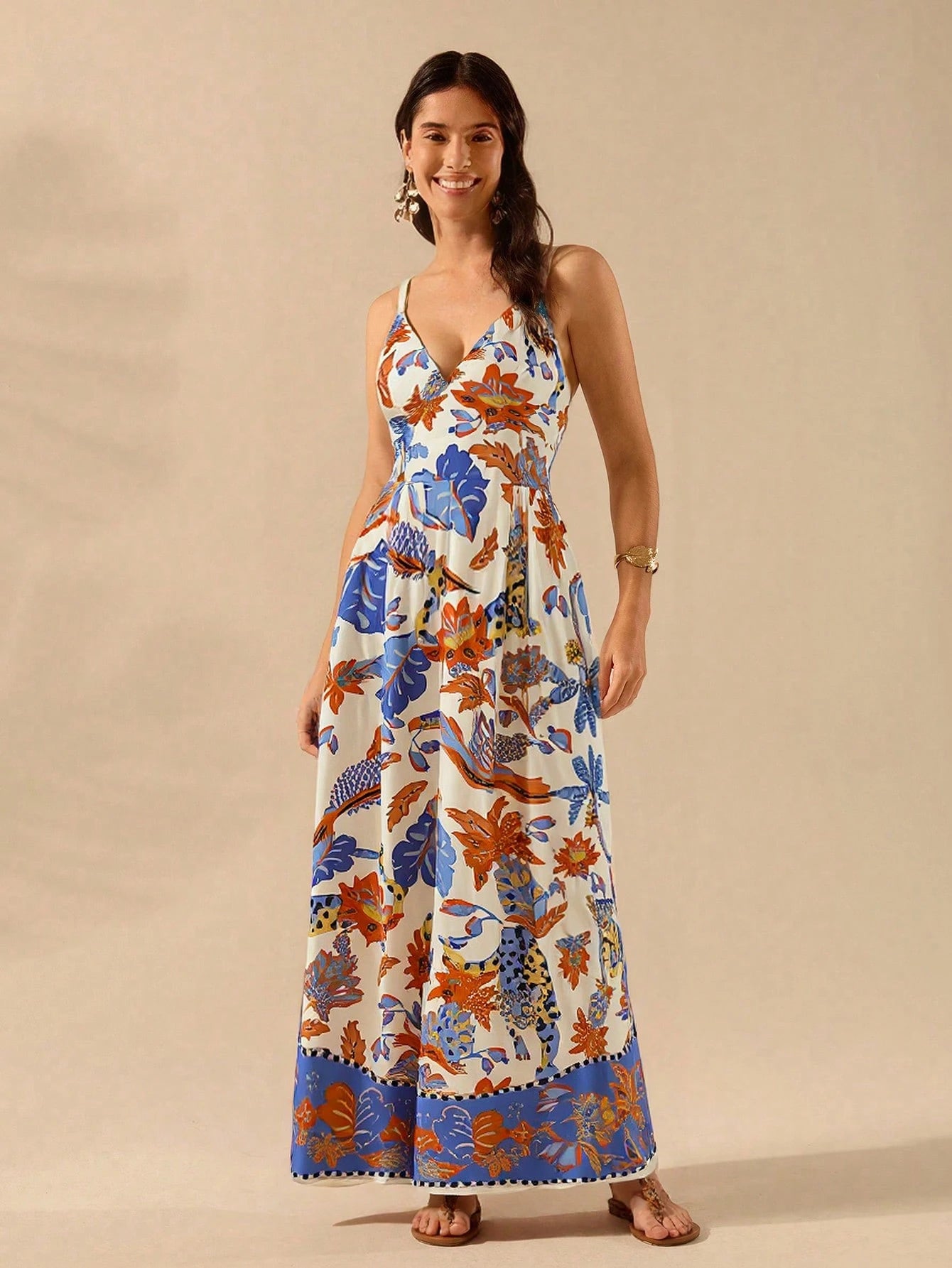 CAJUNI Macacão Preto Longo Estampado com Estampa Boêmia de Leopardo, Abacaxi, Flora e Fauna Tropical, Sem Manga, Casual de Praia de Férias de Verão