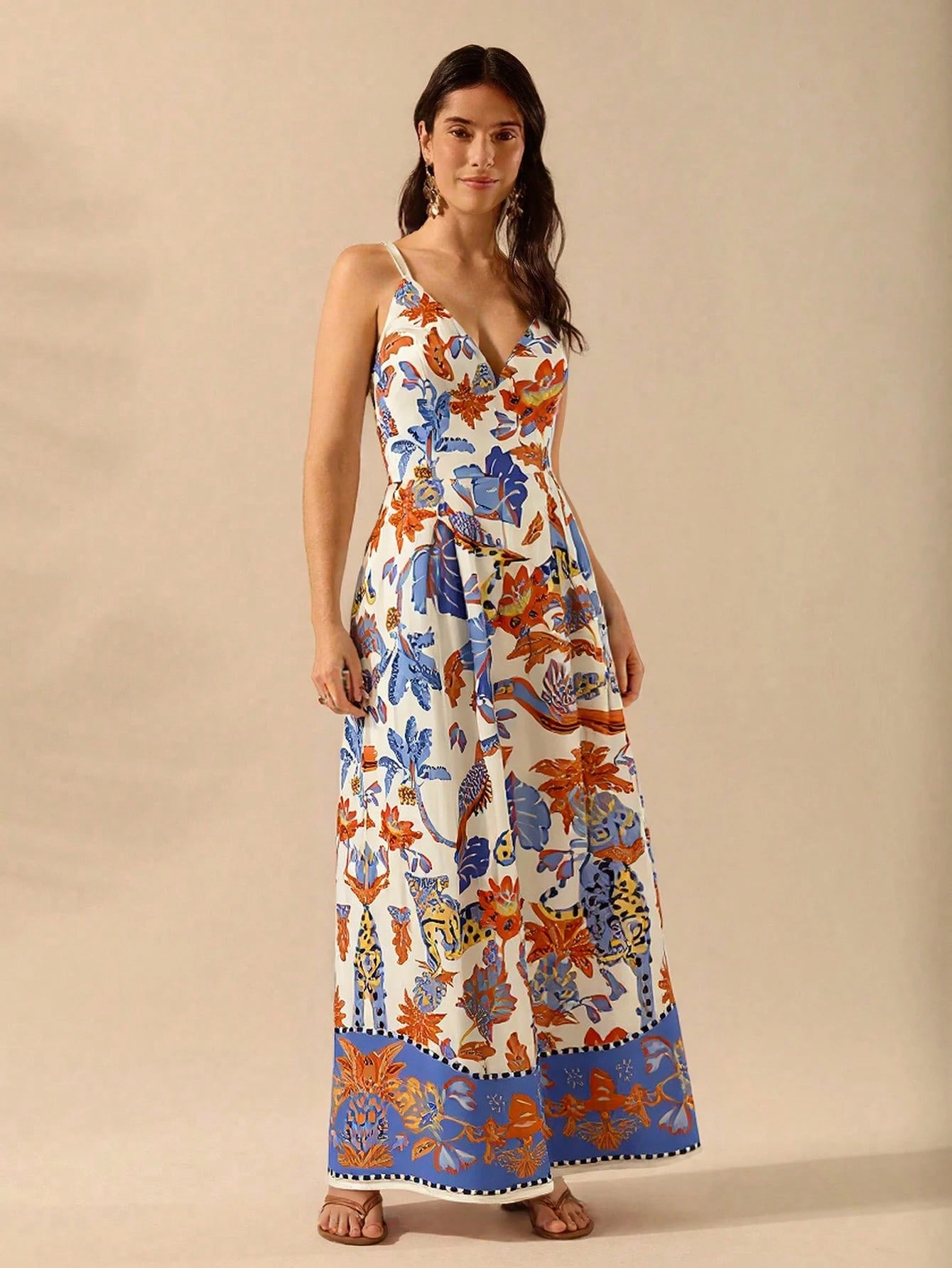 CAJUNI Macacão Preto Longo Estampado com Estampa Boêmia de Leopardo, Abacaxi, Flora e Fauna Tropical, Sem Manga, Casual de Praia de Férias de Verão