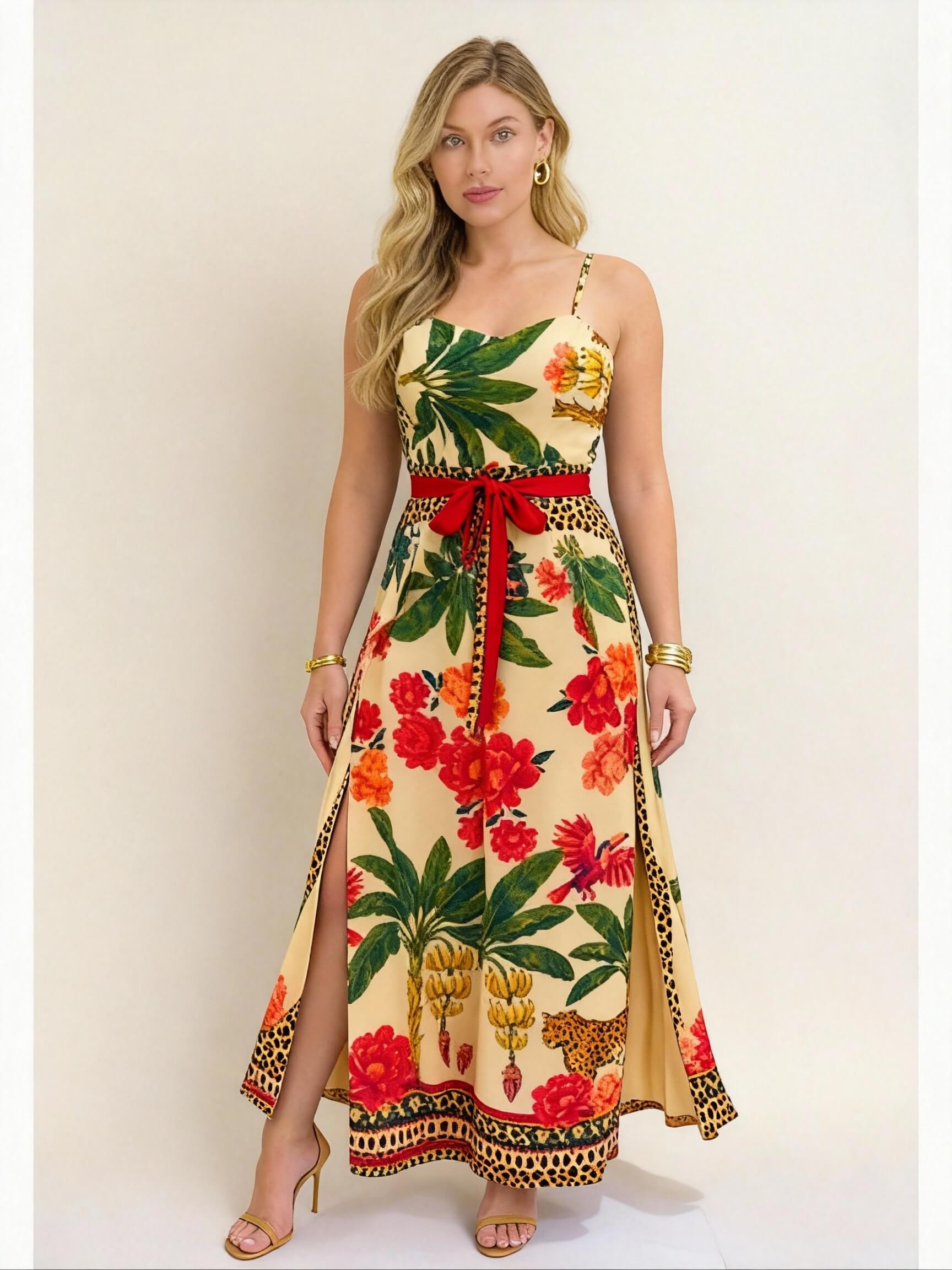 Modelo vestindo vestido longo de verão com estampa tropical vibrante em fundo amarelo, com folhas verdes, flores vermelhas, bananas e detalhes de oncinha. Cintura marcada com laço vermelho e fenda lateral, ideal para um look elegante e ousado em dias quentes.