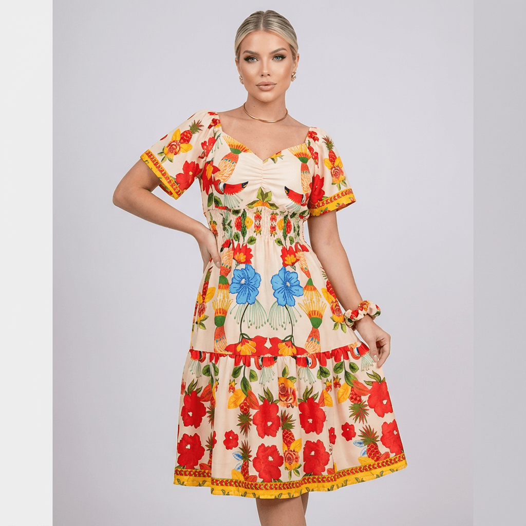 Vestido curto feminino com estampa floral vibrante em tons de vermelho, azul e amarelo sobre fundo bege. Modelo com elástico na cintura, decote coração e manga curta bufante. Ideal para looks casuais com toque alegre e tropical.