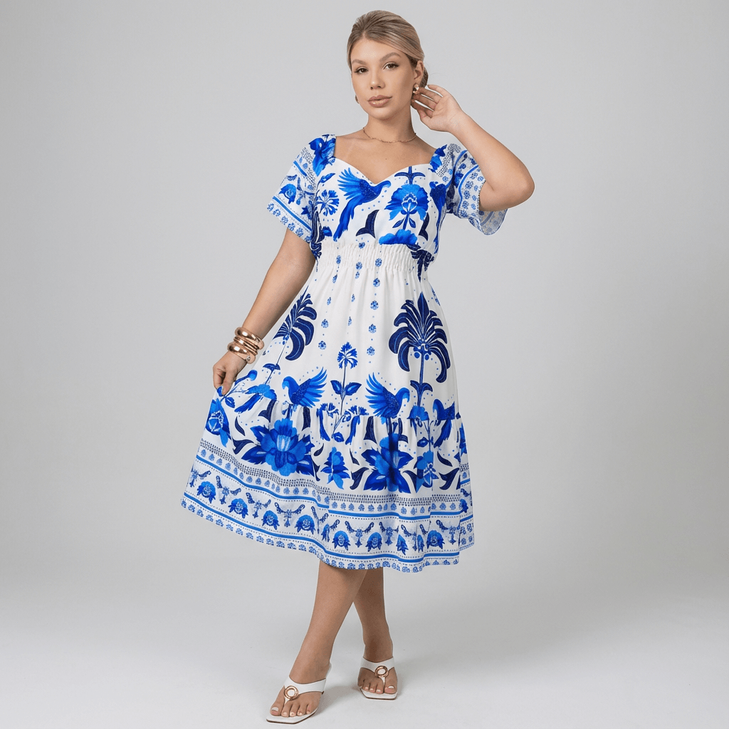 Vestido curto feminino com estampa tropical azul e branca, decote coração e mangas curtas. Possui elástico na cintura e modelagem soltinha com caimento fluido. Ideal para dias quentes, passeios ou ocasiões informais com estilo e frescor.