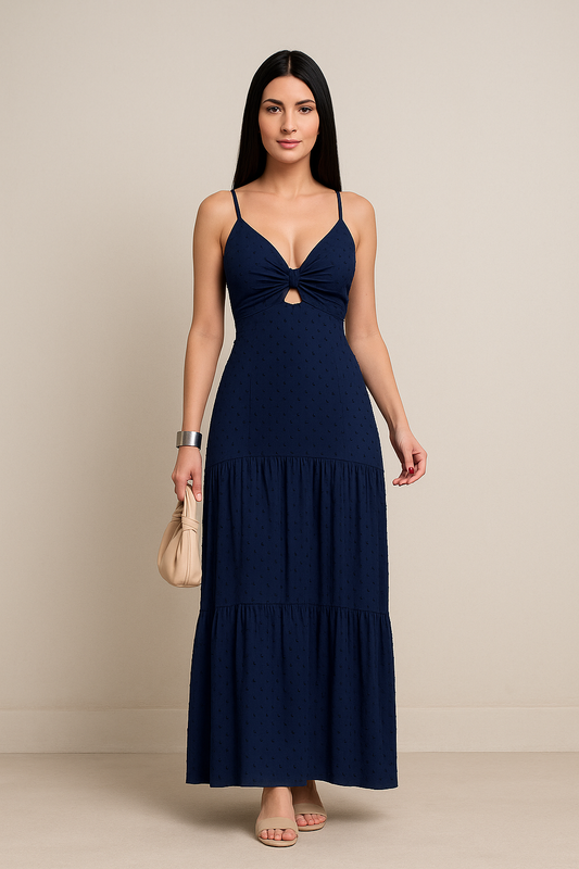 Vestido Longo com Textura Poá e Nó Frontal