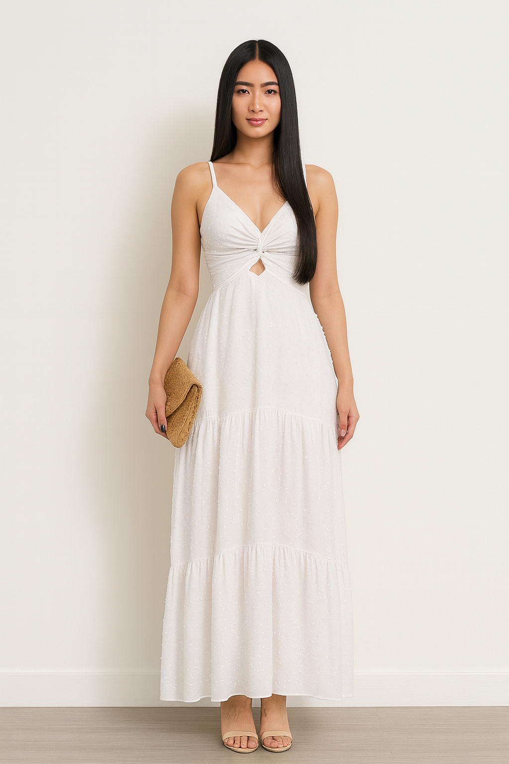 Vestido Longo com Textura Poá e Nó Frontal