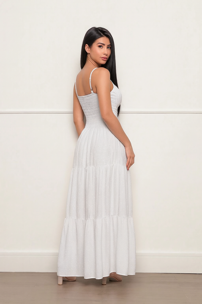 Vestido Longo com Textura Poá e Nó Frontal