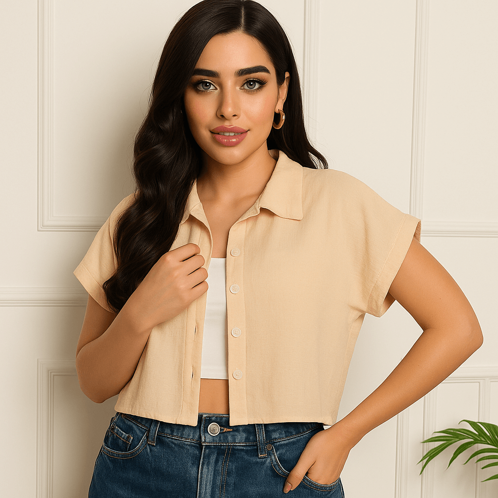 Camisa Cropped Feminina Lisa com Botões em tom Bege – Tecido Confortável e Versátil | Fernanza