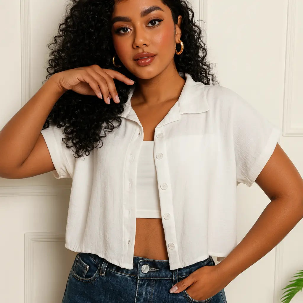 Camisa Cropped Feminina Lisa com Botões na cor Branca – Tecido Confortável e Versátil | Fernanza