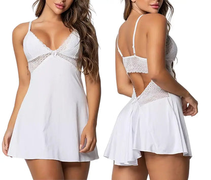 Camisola Sexy em Renda com Calcinha na cor branca, modelo curto com renda no busto e recortes nas costas, exibida de frente e de costas – Fernanza.