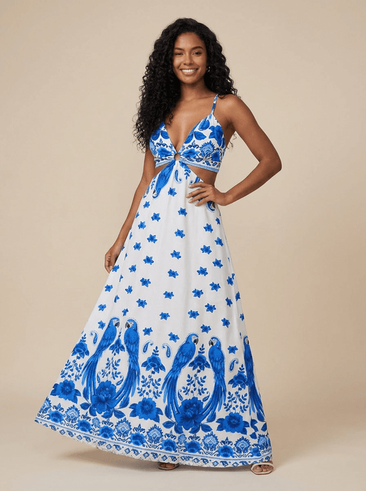 Vestido Longo Floral Azul com Decote e Abertura Lateral – Tendência Verão 2025 | Fernanza