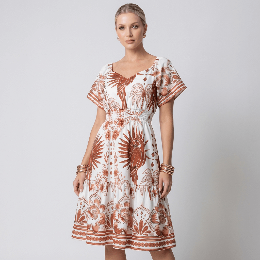 Mulher vestindo vestido midi branco com estampa marrom estilo tropical, mangas curtas bufantes, decote coração e cintura com elástico lastex. Look casual elegante ideal para dias quentes ou passeios ao ar livre.