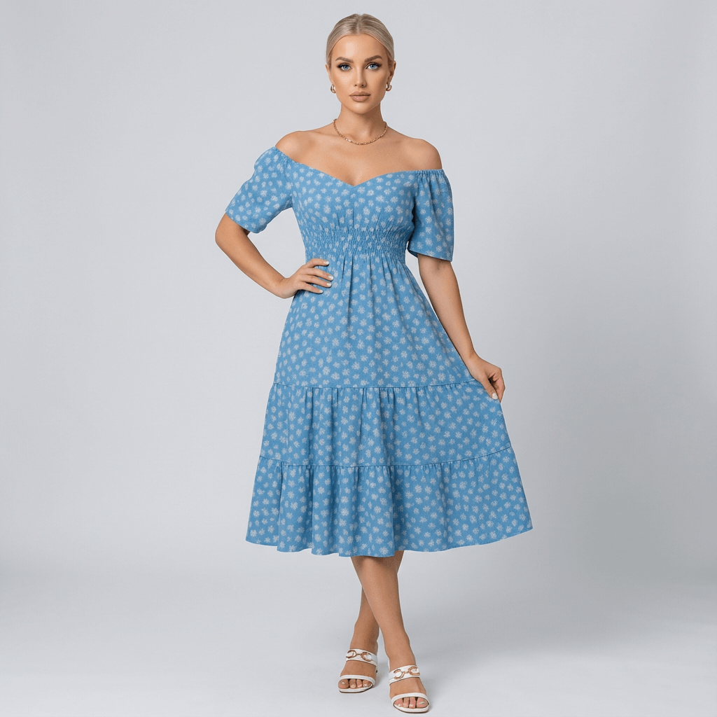 Mulher vestindo vestido midi azul celeste com estampa floral branca, modelo ombro a ombro e mangas curtas bufantes, com elástico na cintura e saia rodada em camadas. Ela posa de forma confiante usando sandálias brancas, sobre fundo neutro.