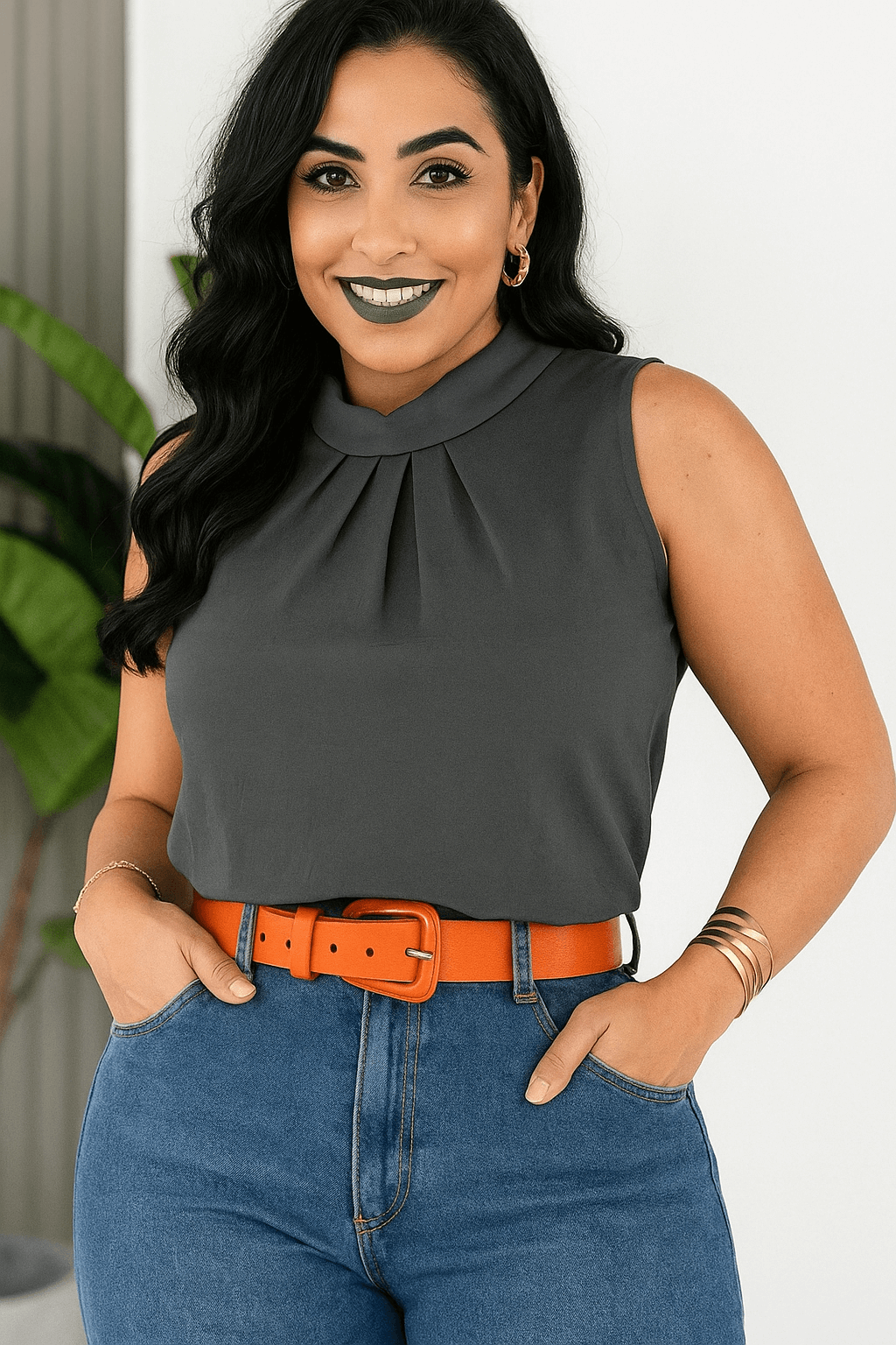 Blusa Social Feminina Elegante Sem Manga – Gola Alta e Detalhe Plissado