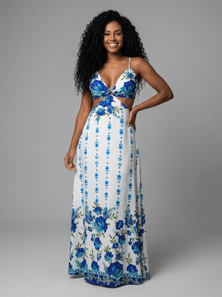 Mulher usando vestido longo branco com estampa floral azul, decote profundo em V, alças finas e recorte lateral na cintura com detalhe em argola central. A estampa delicada em tons de azul traz leveza e sofisticação ao look, ideal para o verão.