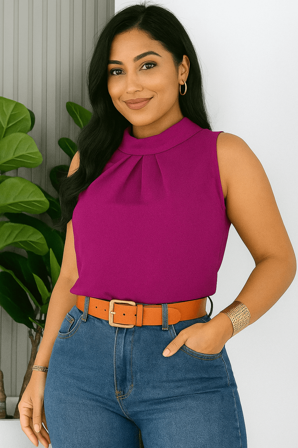 Blusa Social Feminina Elegante Sem Manga – Gola Alta e Detalhe Plissado