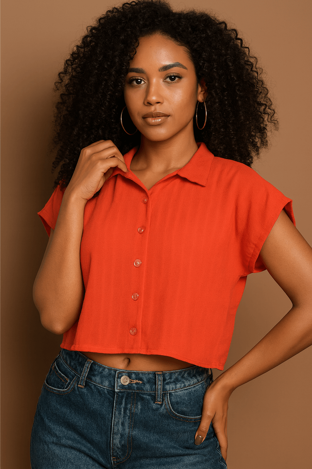 Camisa Cropped Feminina Lisa com Botões na cor Laranja Vibrante – Tecido Confortável e Versátil | Fernanza