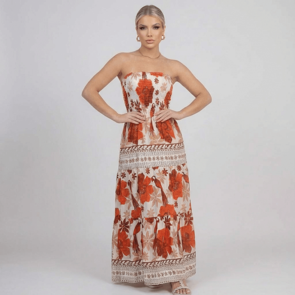 Vestido Longo Tomara‑que‑Caia Estampado Floral Tropical – Fernanza