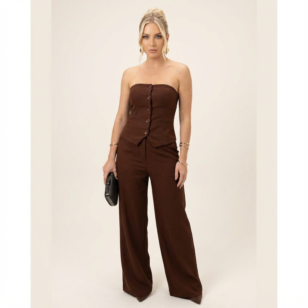 Conjunto Feminino Calça Pantalona com Blusa Tomara que Caia – Elegância e Versatilidade para Todas as Ocasiões | Fernanza. Look marrom com blusa tomara que caia levemente ombro a ombro, estruturada com botões frontais e corte estilo corset moderno. A calça pantalona de cintura alta completa o visual com sofisticação. Ideal para eventos sociais, jantares elegantes e looks de trabalho com toque refinado. A modelo segura uma clutch preta, realçando o contraste elegante.