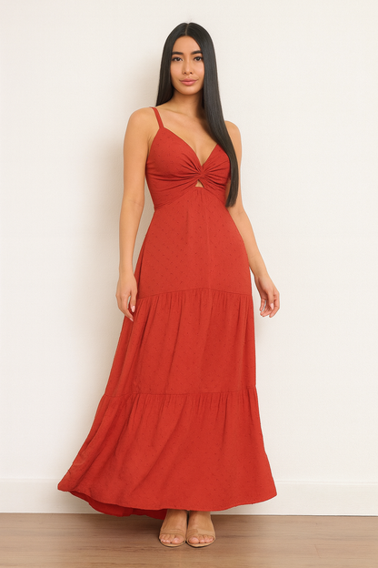 Vestido Longo com Textura Poá e Nó Frontal