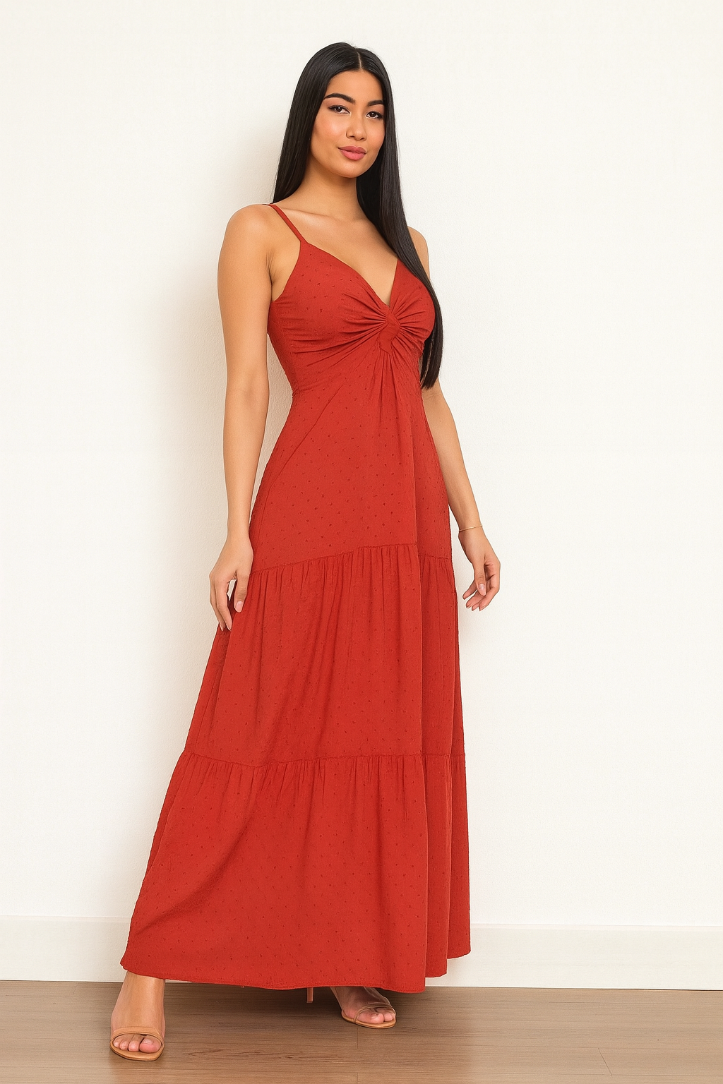 Vestido Longo com Textura Poá e Nó Frontal