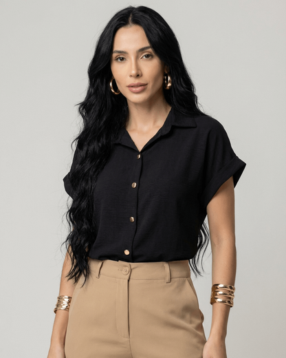 Camisa Feminina Social em Tecido Duna com Botões Dourados – Elegante e Versátil | Fernanza