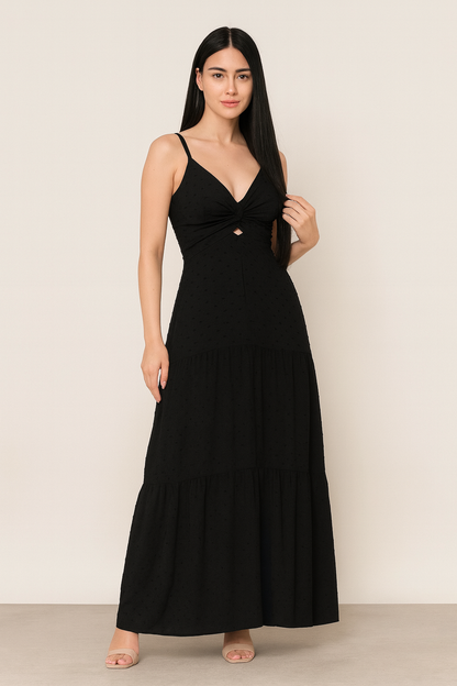 Vestido Longo com Textura Poá e Nó Frontal