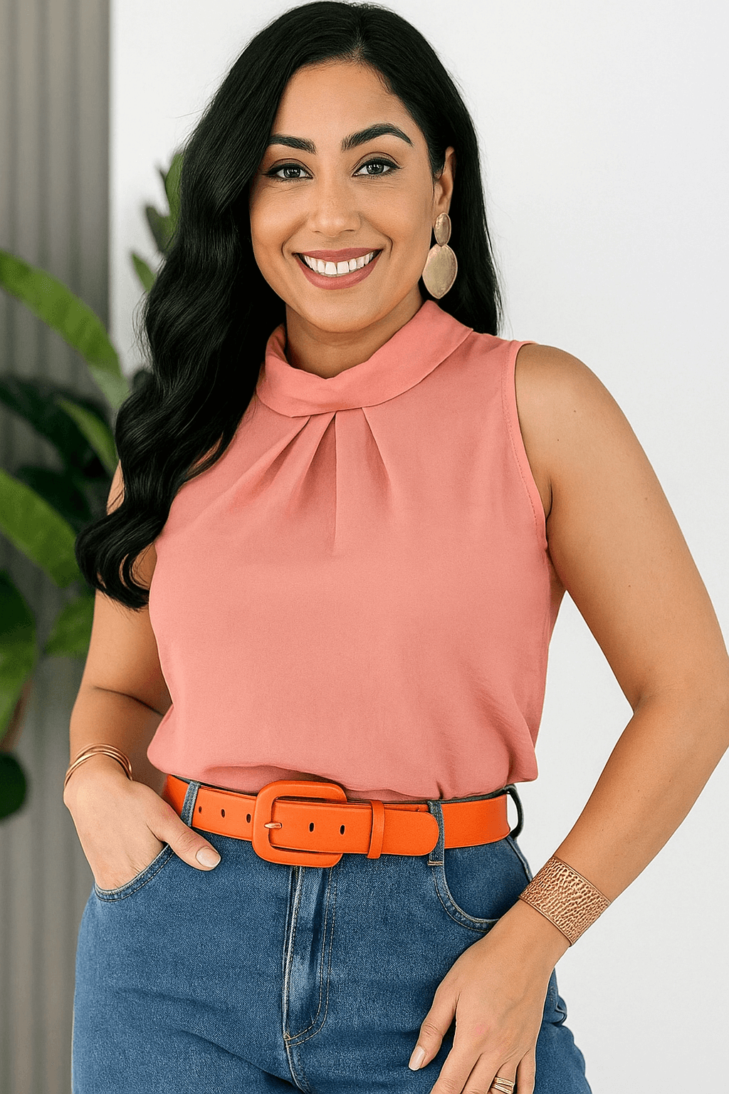 Mulher sorridente com blusa social feminina rosa bebê, sem mangas, gola alta e detalhe plissado. Look romântico e moderno, combinado com jeans azul e cinto laranja que adiciona contraste vibrante.