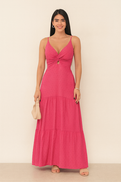 Vestido Longo com Textura Poá e Nó Frontal