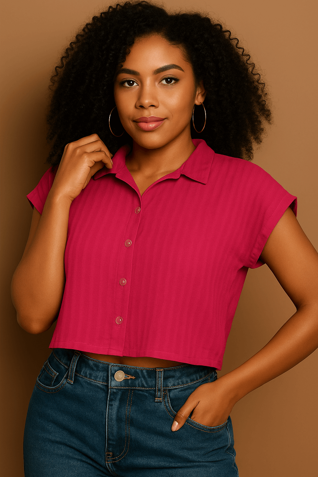 Camisa Cropped Feminina Lisa com Botões em Rosa Intenso – Tecido Confortável e Versátil | Fernanza