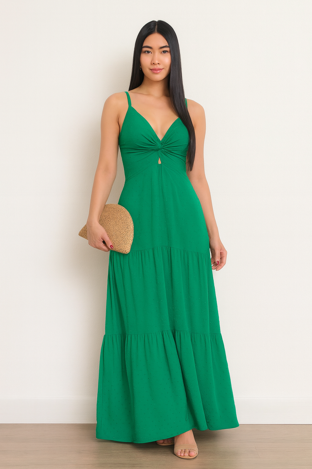 Vestido Longo com Textura Poá e Nó Frontal