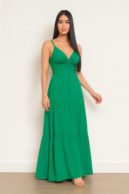 Vestido Longo com Textura Poá e Nó Frontal