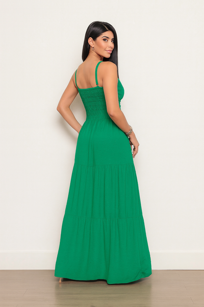 Vestido Longo com Textura Poá e Nó Frontal