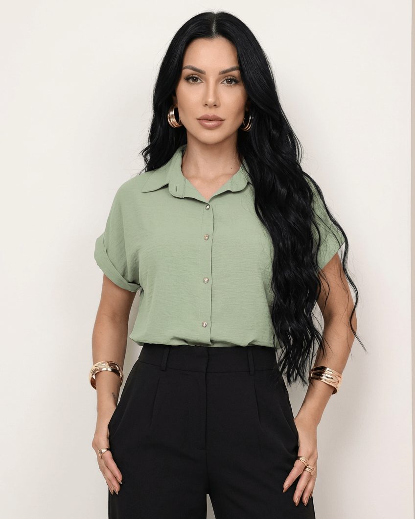 Camisa Feminina Social em Tecido Duna com Botões Dourados – Elegante e Versátil | Fernanza