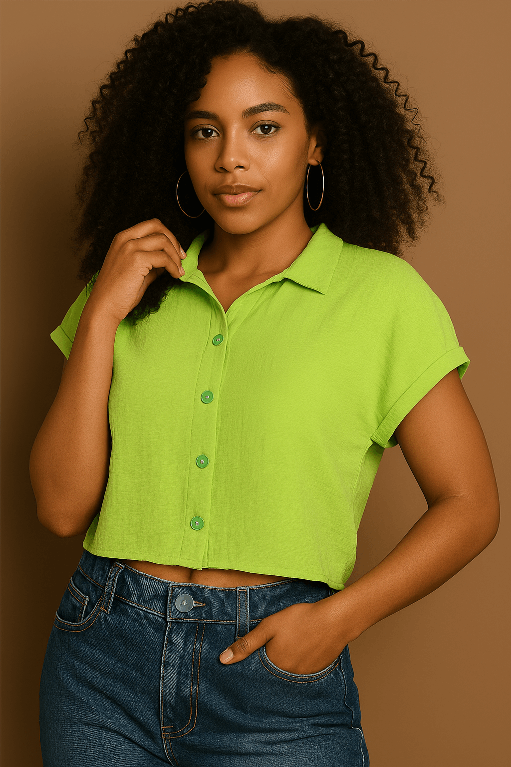 Camisa Cropped Feminina Lisa com Botões na cor Verde Limão – Tecido Confortável e Versátil | Fernanza