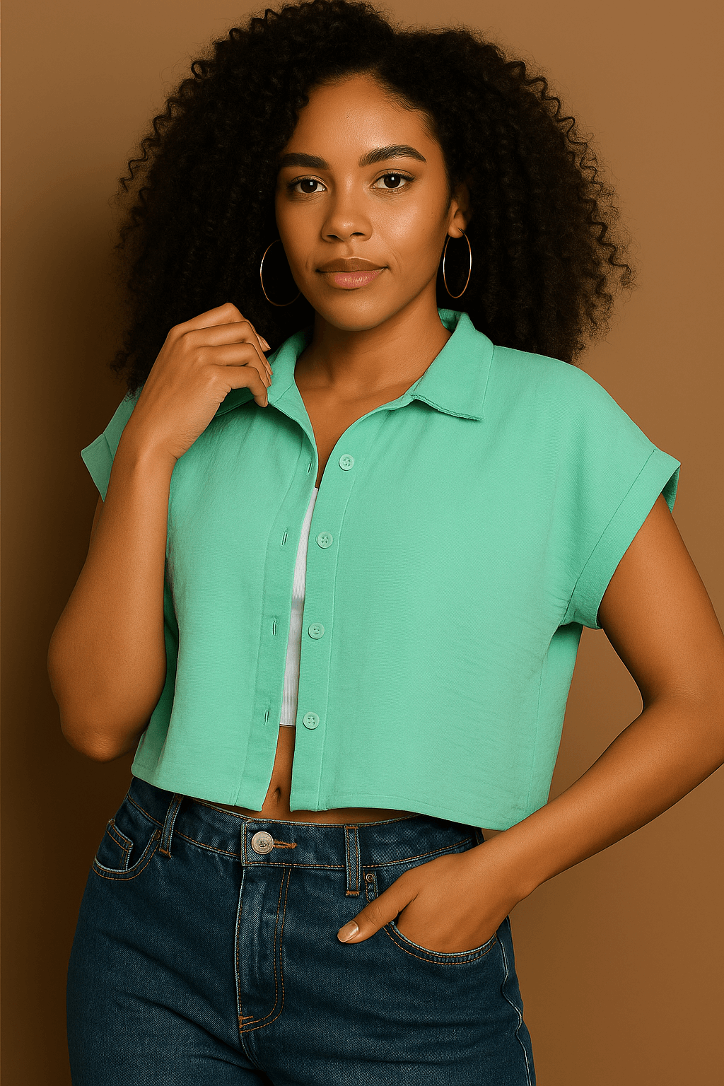 Camisa Cropped Feminina Lisa com Botões em Verde Água – Tecido Confortável e Versátil | Fernanza