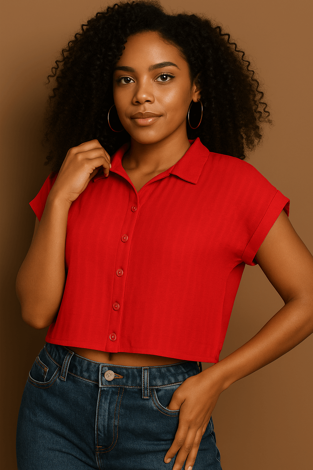 Camisa Cropped Feminina Lisa com Botões em Vermelho Clássico – Tecido Confortável e Versátil | Fernanza