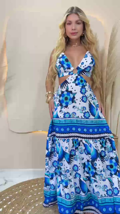 Vestido Longo feminino De Argola Decotado Modelo Alcinha Tendência floral dress Chic con abertura lateral