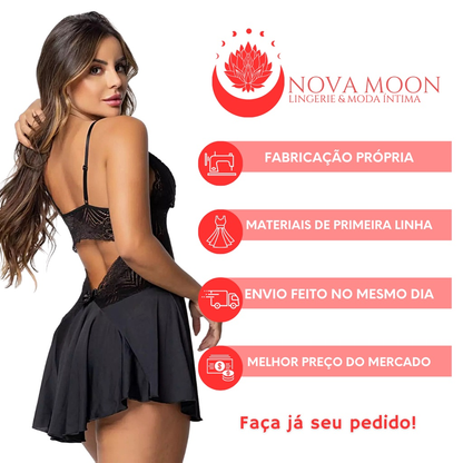Camisola Sexy com Calcinha Renda Regulável Feminina Renda Sensual Linha Noite Lingerie