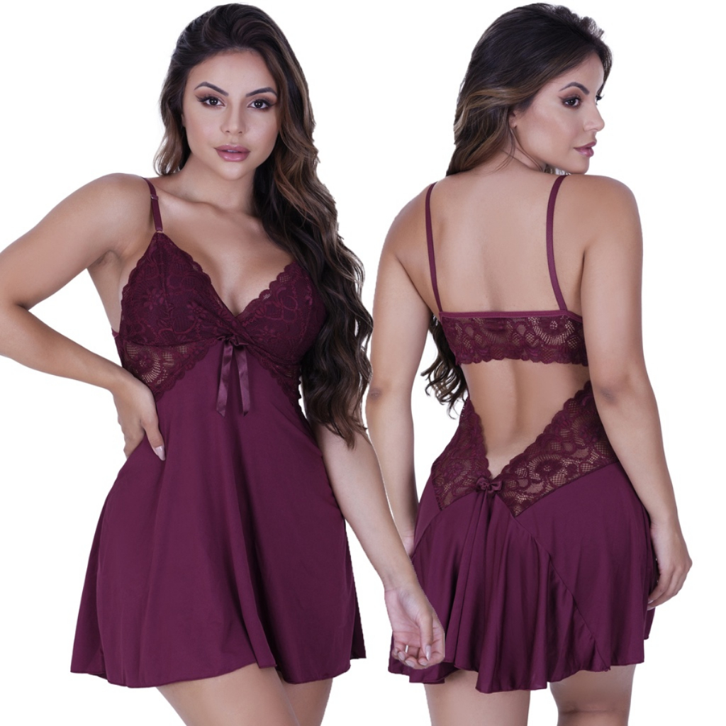 Camisola Sexy com Calcinha Renda Regulável Feminina Renda Sensual Linha Noite Lingerie